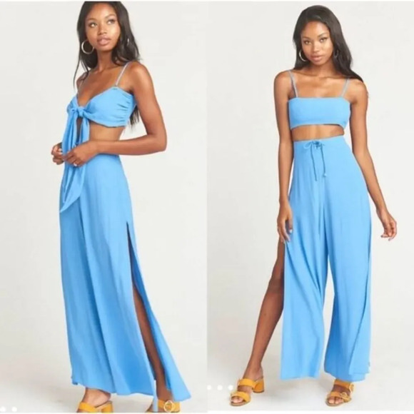 SHOW ME Your Mumu Pierre Blue High Waist Wide Leg High Slit Viscose Pant Sz Larg - Picture 1 of 10